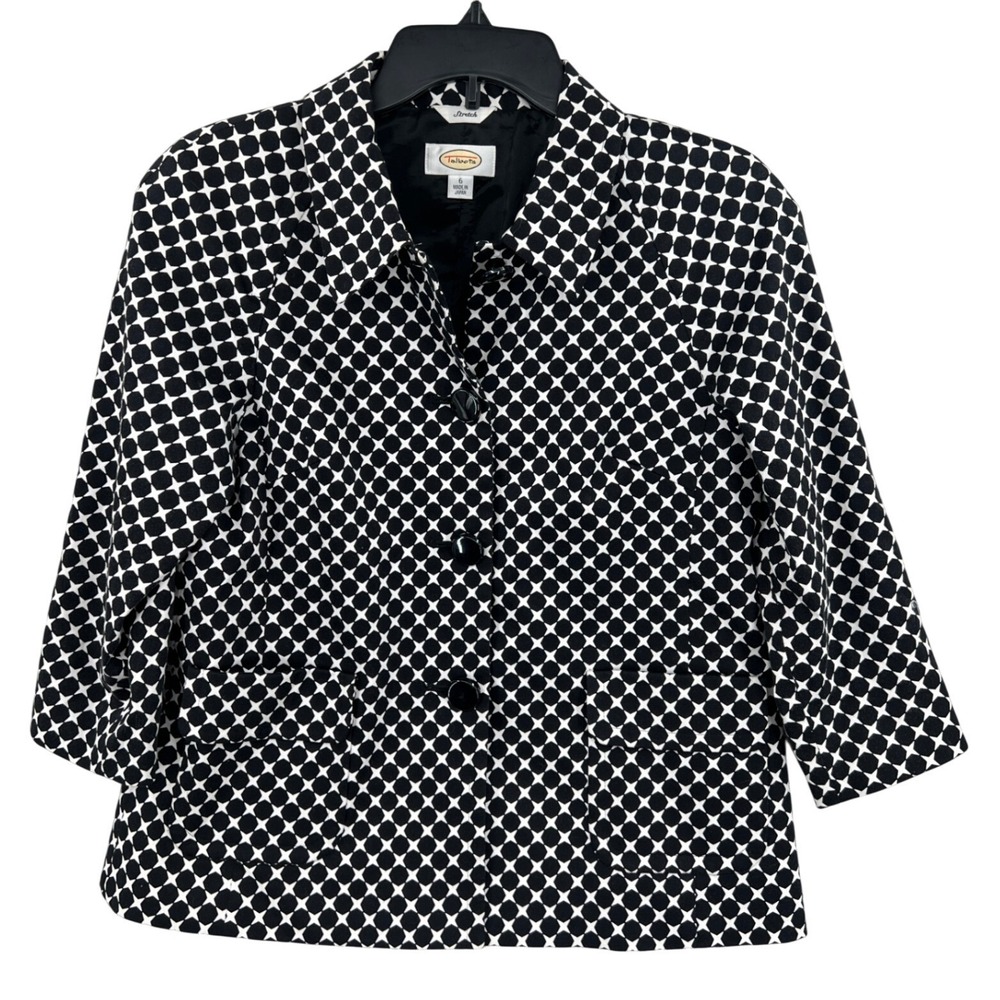 VTG Talbots Blazer Size 6 Black White Geometric 3/4 Sleeve Stretch Mod Chic
